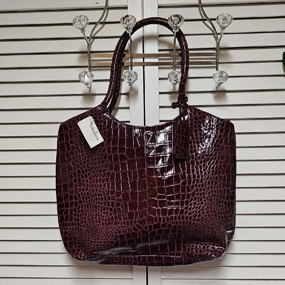 NWT Neiman Marcus Deep Purple Crocodile-Embossed Faux Leather Tote